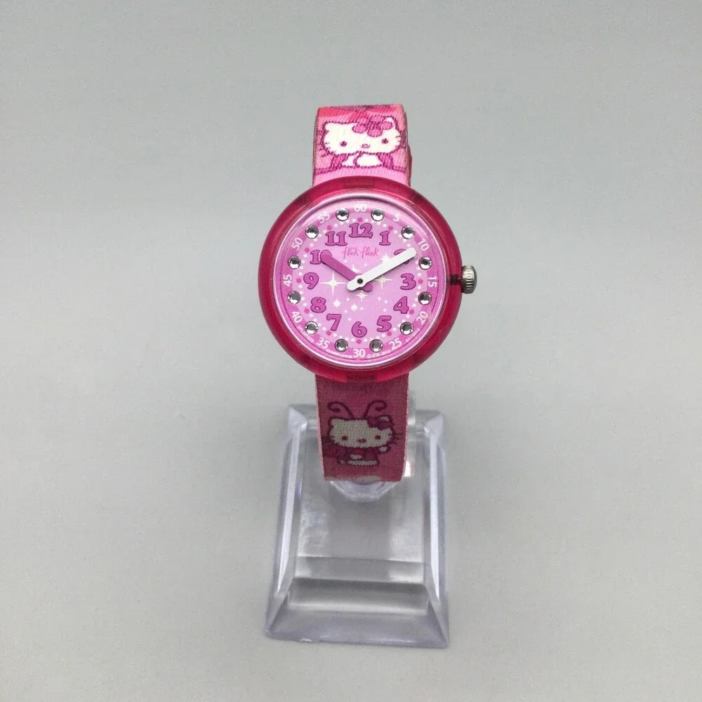 Flik Flak Hello Kitty Girls Watch 29mm Pink Dial Fabric Strap Swiss New Battery